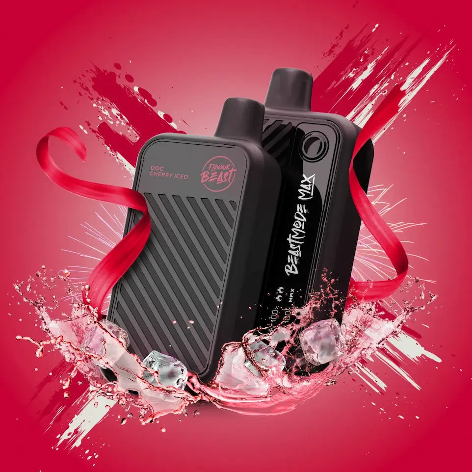 Two Flavour Beast vape devices with 'Beast' branding on a red background with ice and ribbons.