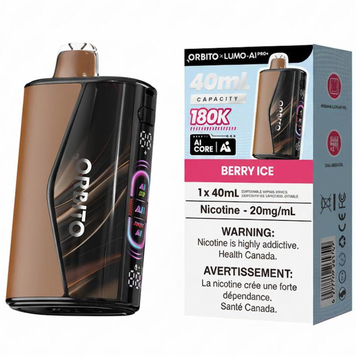 An Orbito Lumo A1 Pro vape device in Berry Ice flavor shown next to its retail packaging box on a plain white background.