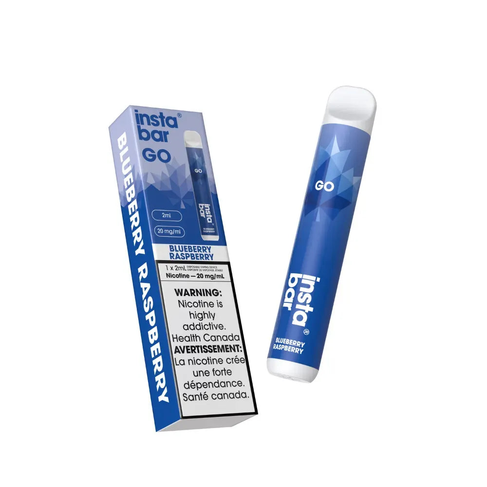 Insta Bar GO vape device and packaging with blueberry raspberry flavor on a white background