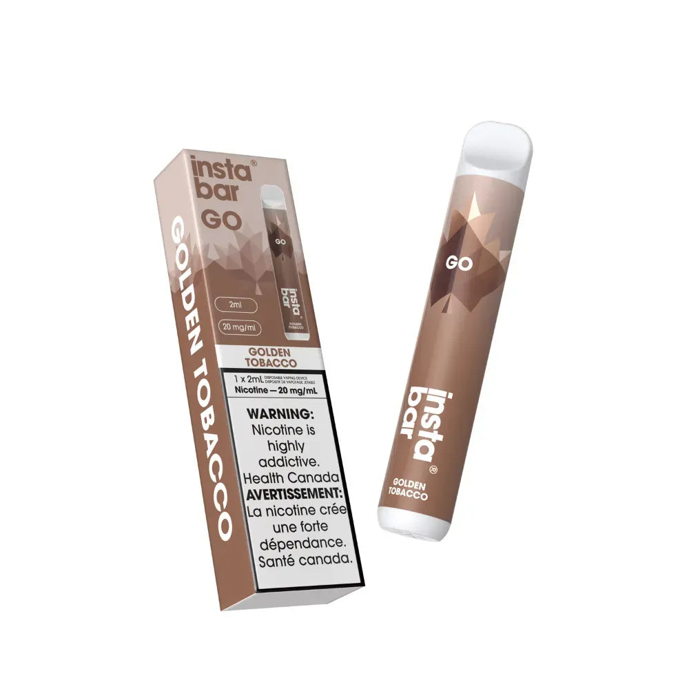 Insta Bar GO Golden Tobacco vape pen and packaging on a white background