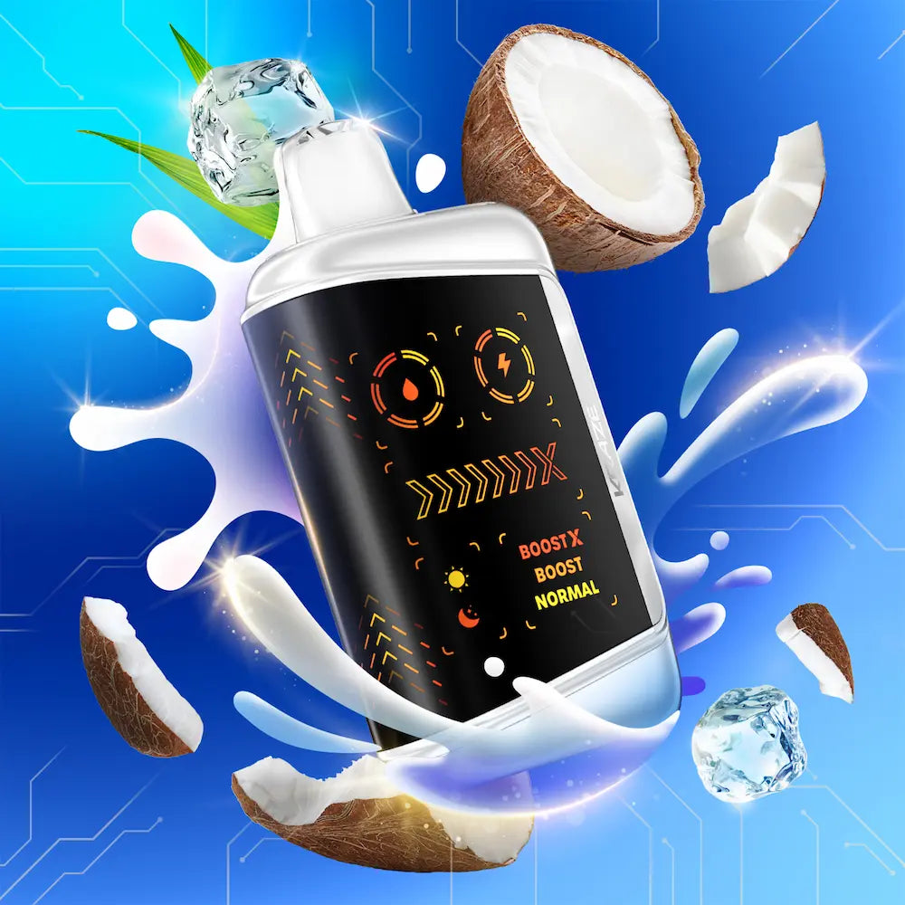 Electronic device with digital display on a blue background with coconut and diamond elements