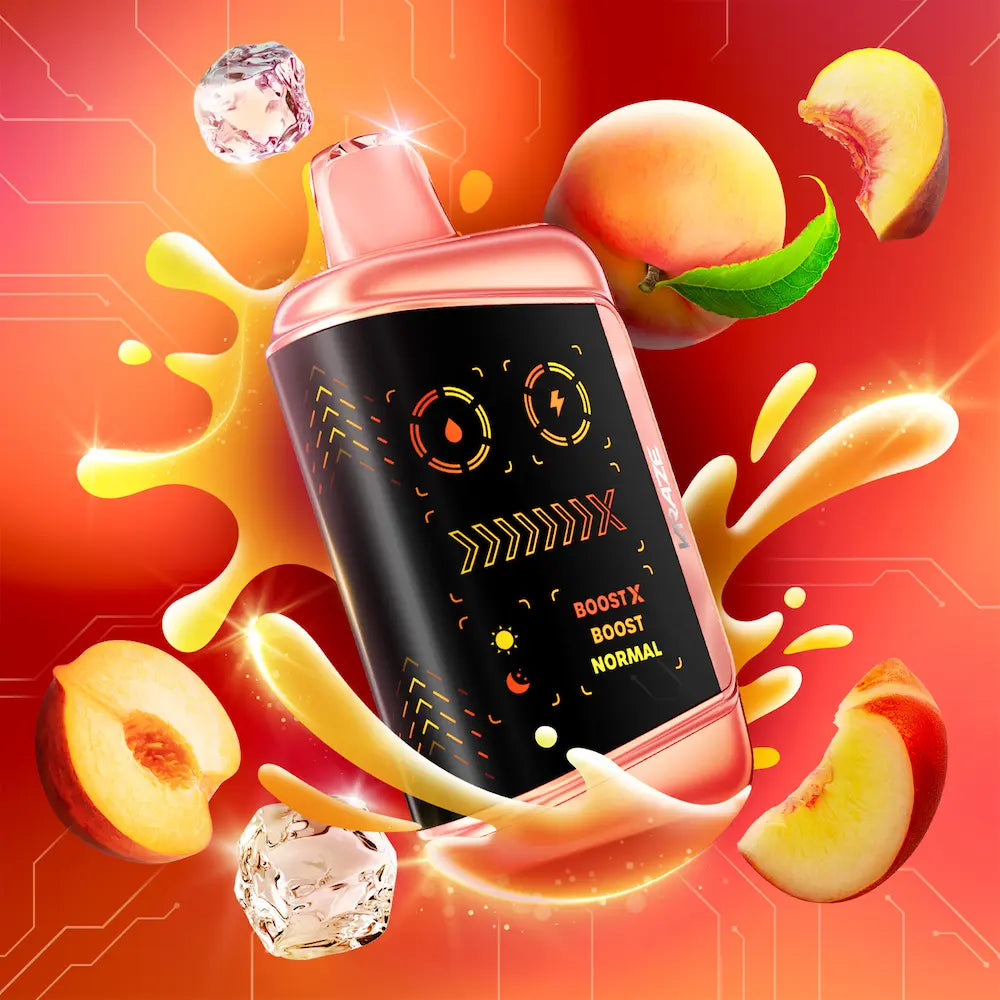 Vape device with peach slices and a red background