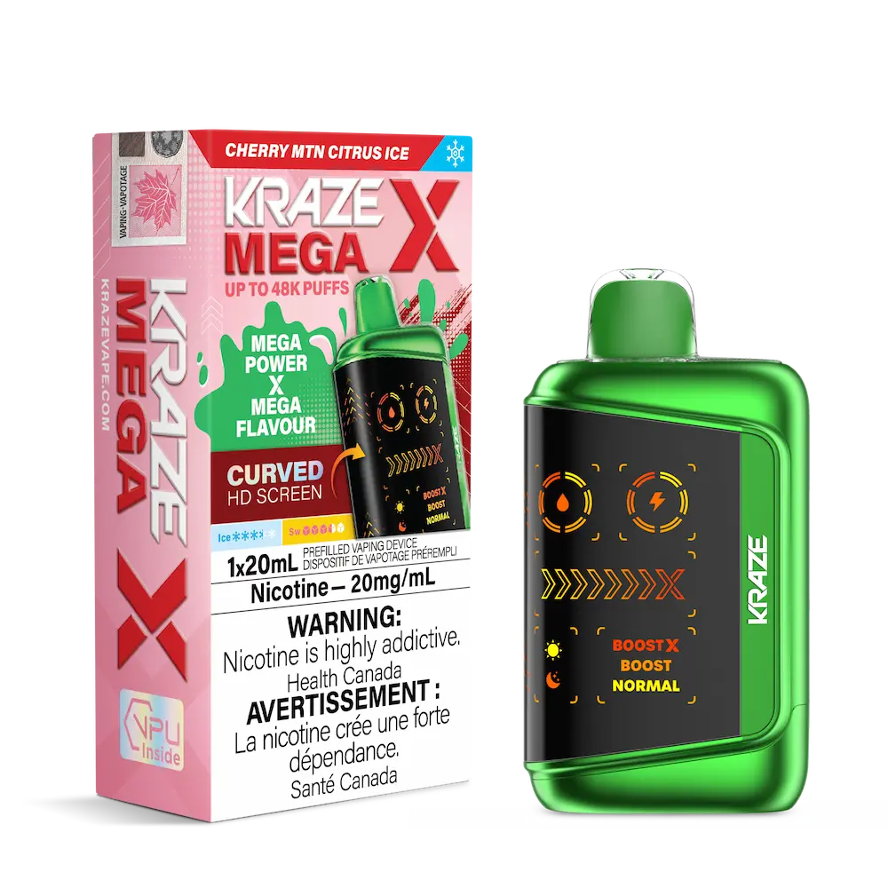 Green vape device with Kraze Mega X packaging on a white background