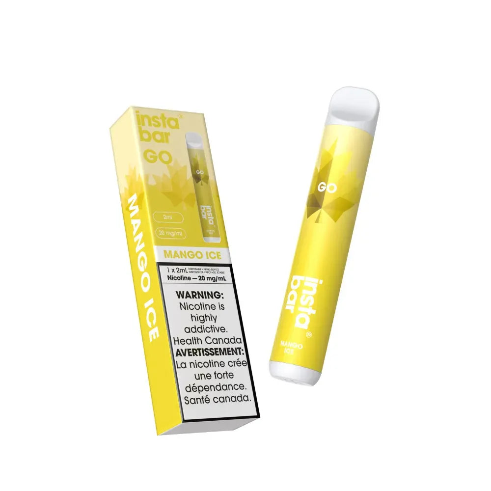 Yellow vape pen with packaging labeled 'Insta Bar GO Mango Ice' on a white background