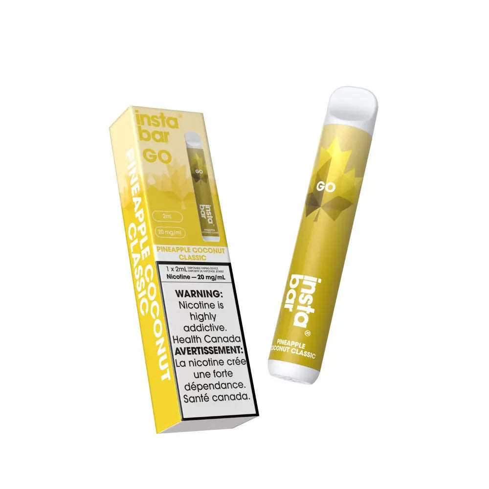 Insta Bar GO pineapple coconut vape pen with packaging on a white background