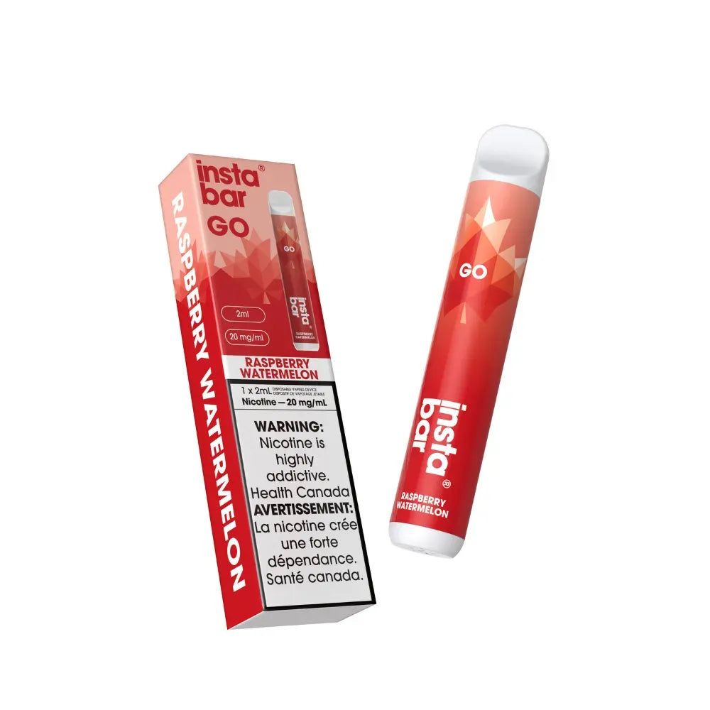 Insta Bar GO raspberry watermelon vape pen and packaging on a white background
