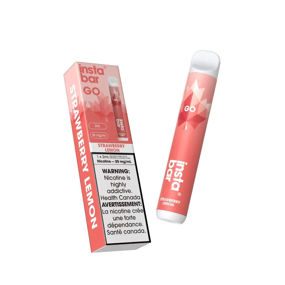 Insta Bar GO Strawberry Lemon vape pen with packaging on a white background
