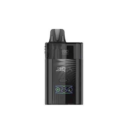 Black vape device with branding on a white background