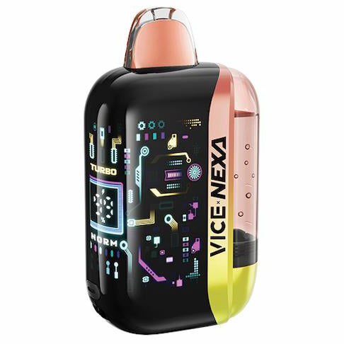 A VICE-NEXA disposable vape device with a black body, colorful digital circuit graphics, a metallic rose gold top mouthpiece, and a translucent pink-to-yellow side panel, shown on a plain white background.