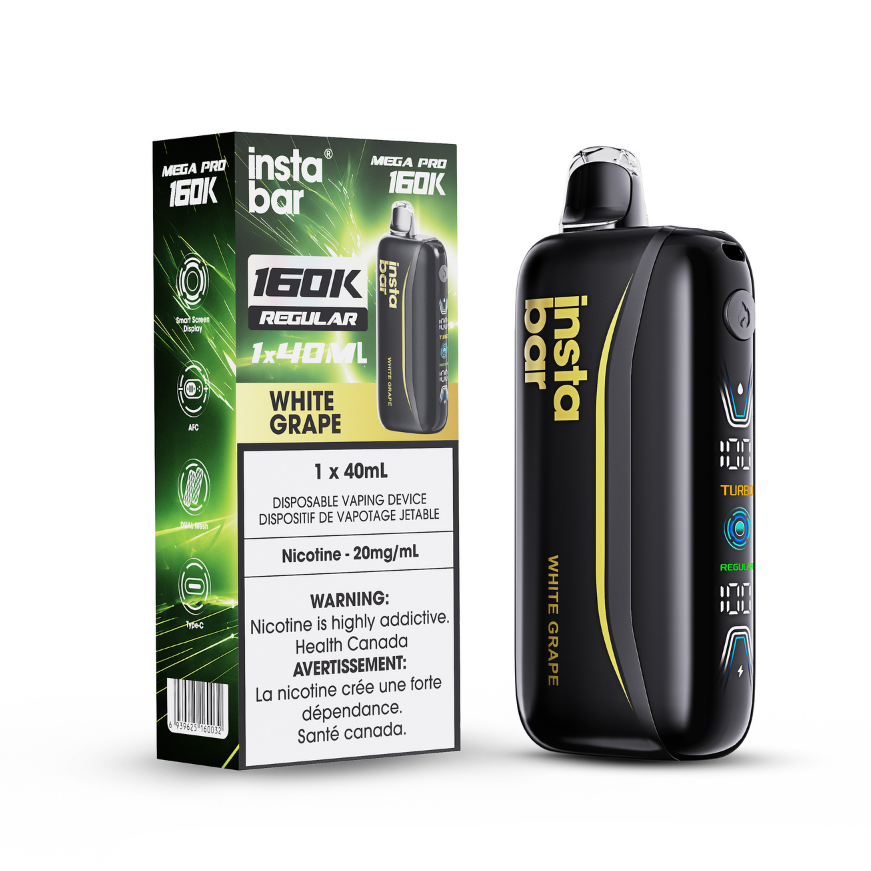 An Insta Bar 150K disposable vaping device in White Grape flavor shown next to its retail packaging box. The device is black with yellow branding and a digital screen on the side, and the box is green and black with white text.