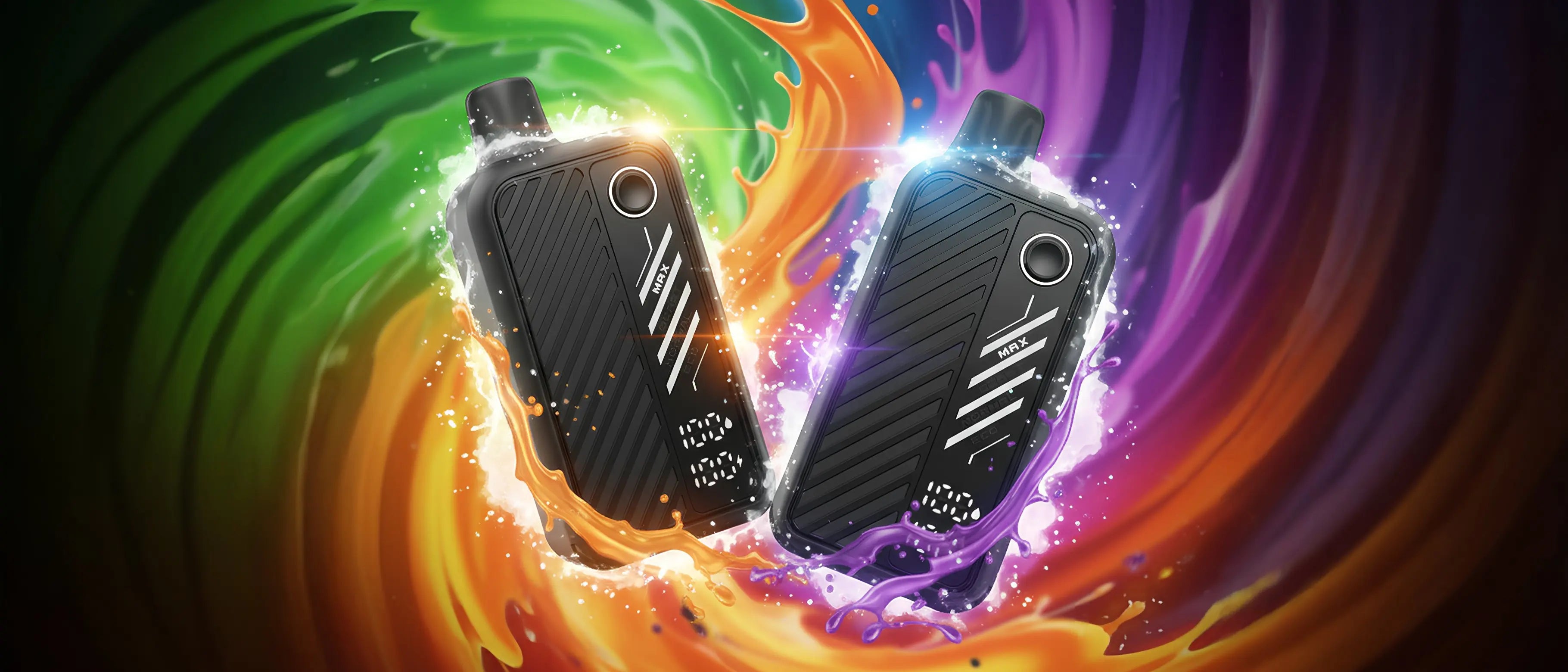 Two black Beast Mode Max 2 disposable vape devices with colorful swirling background