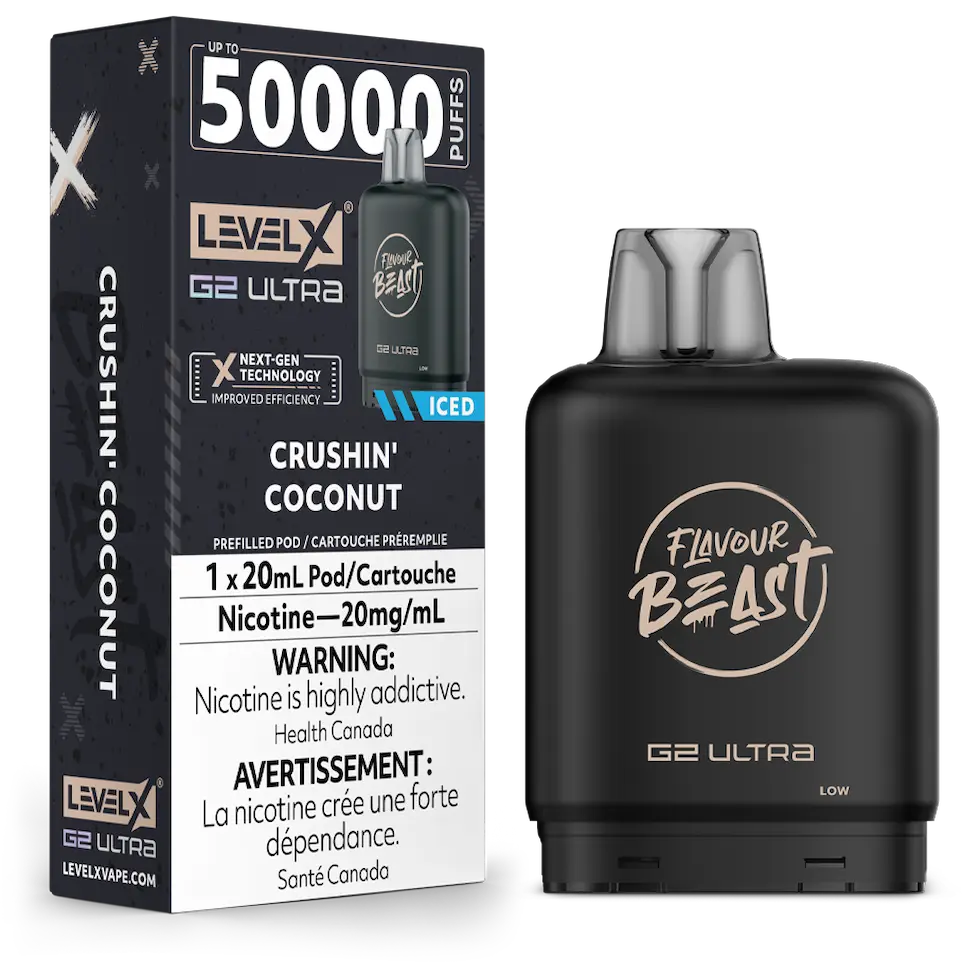 Black vape device with 'Flavour Beast' branding next to its packaging on a white background