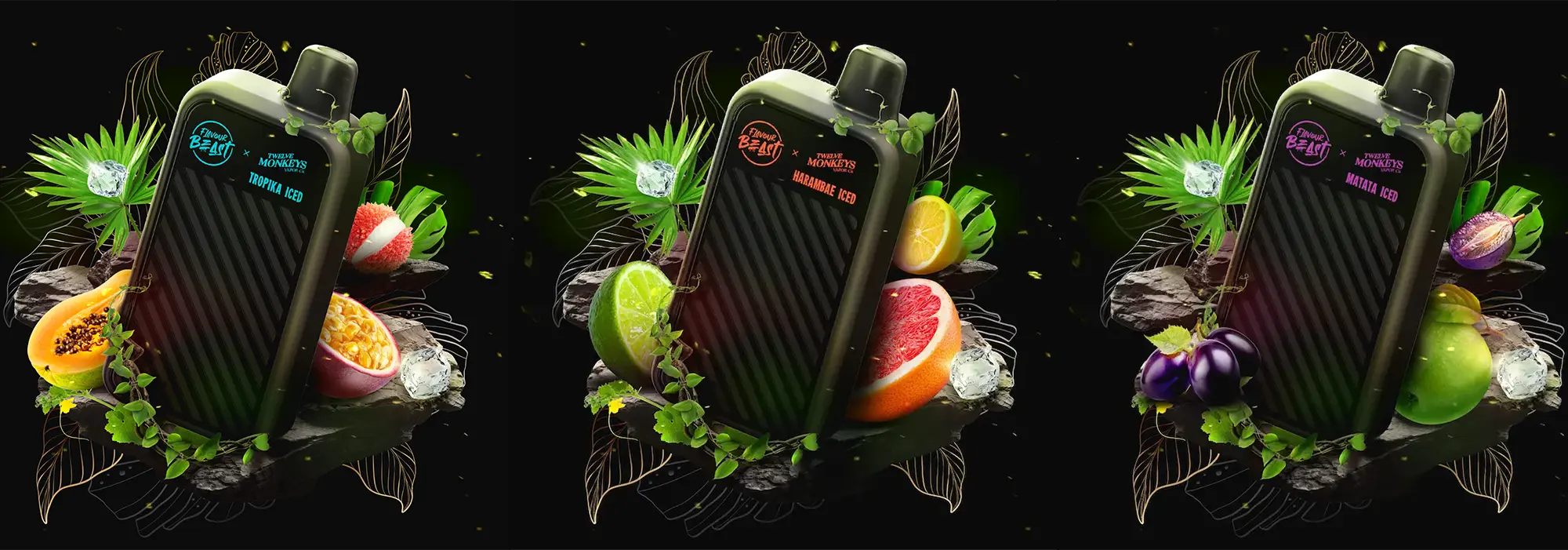 Three vaping devices with colorful fruit graphics on a black background