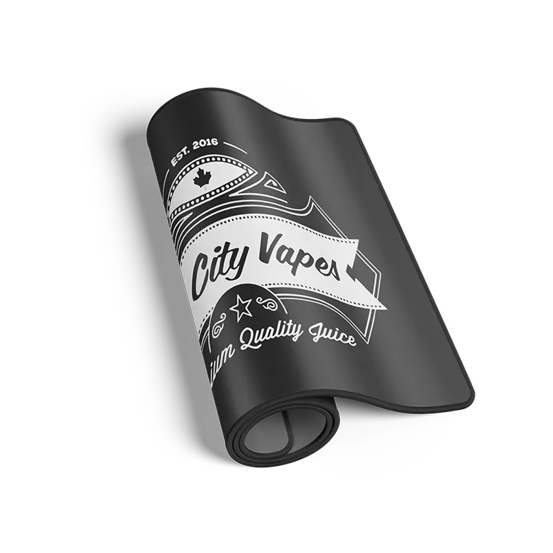Black roll-up mat with 'City Vapes' branding on a white background