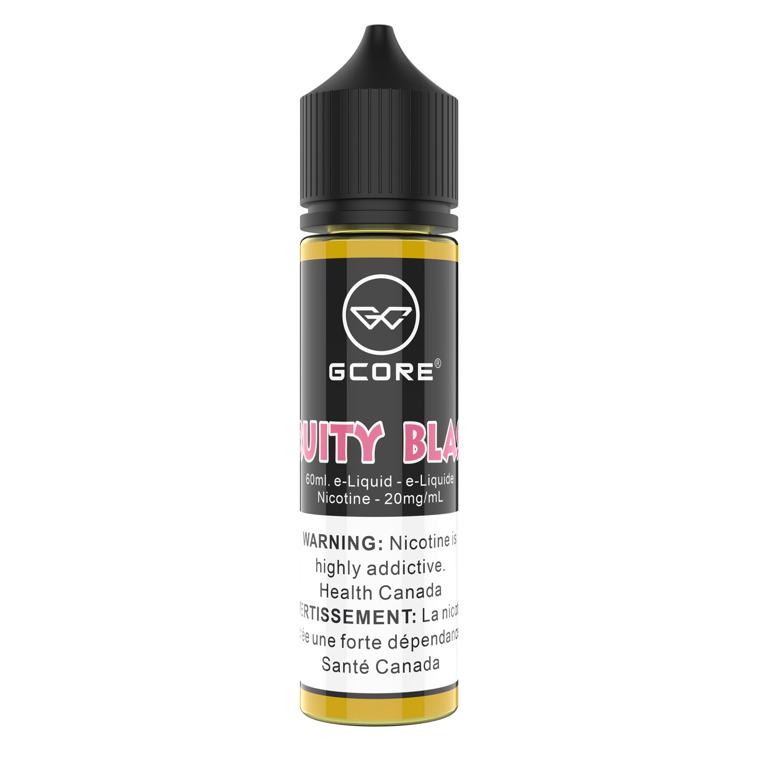 Gcore Fruity Blast Black e-liquid bottle on a white background
