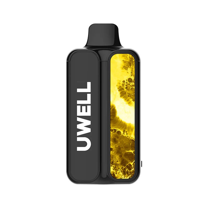 Uwell vaping device with a black and yellow design on a white background