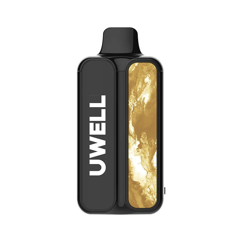 Uwell vaping device with gold interior on a white background