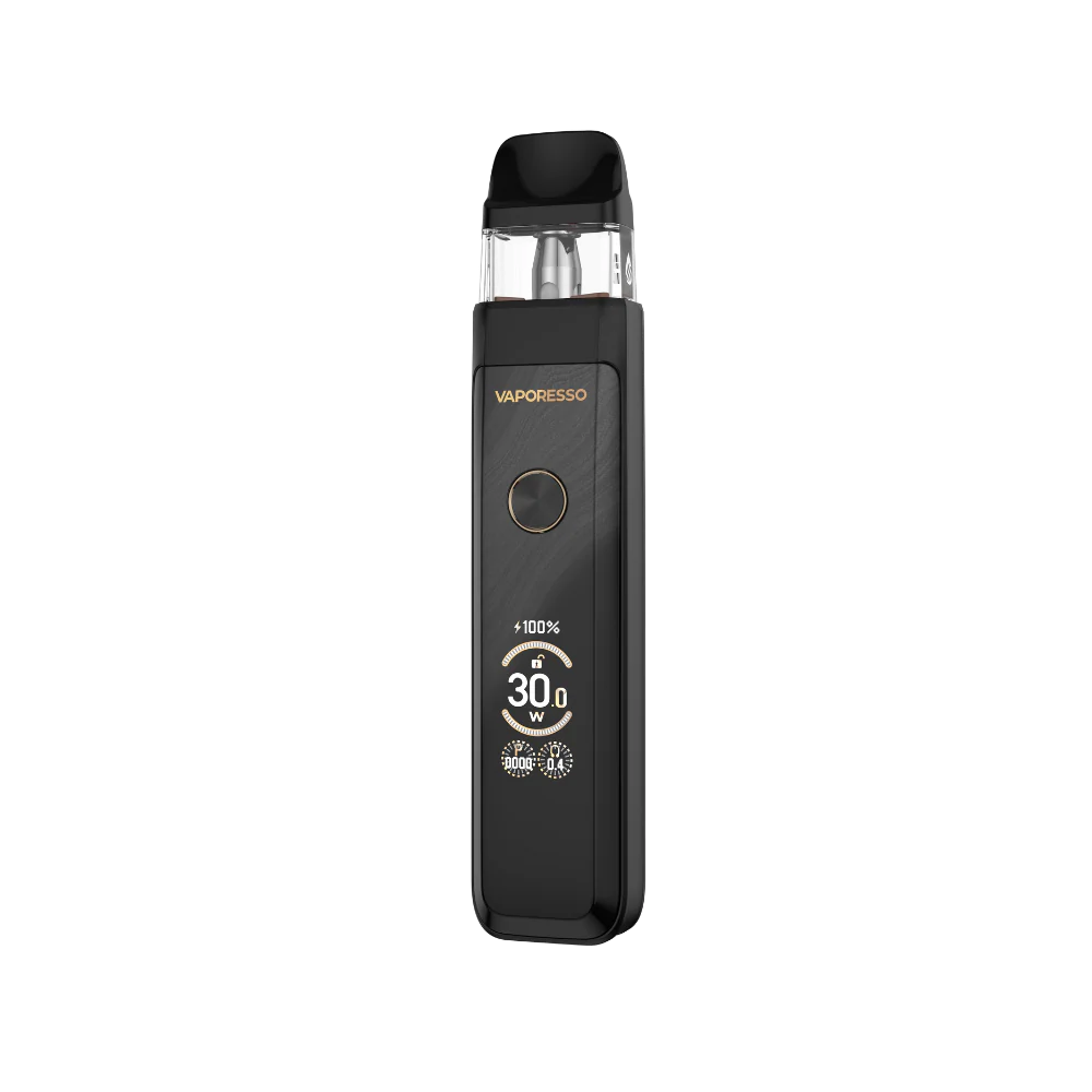 Black Vaporesso vaping device on a white background