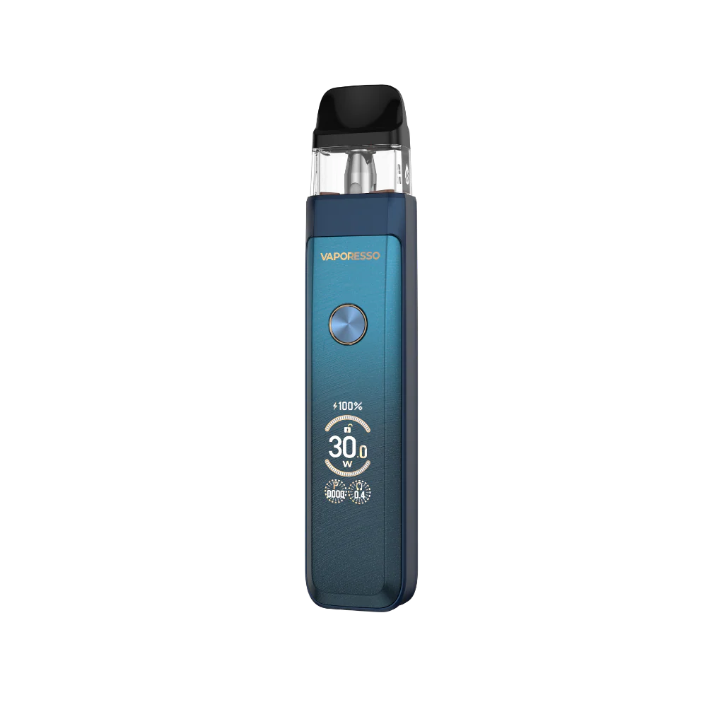 Blue vape device with visible branding on a white background