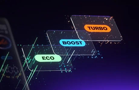 Three transparent panels labeled 'Eco', 'Boost', and 'Turbo' on a dark background with digital elements.