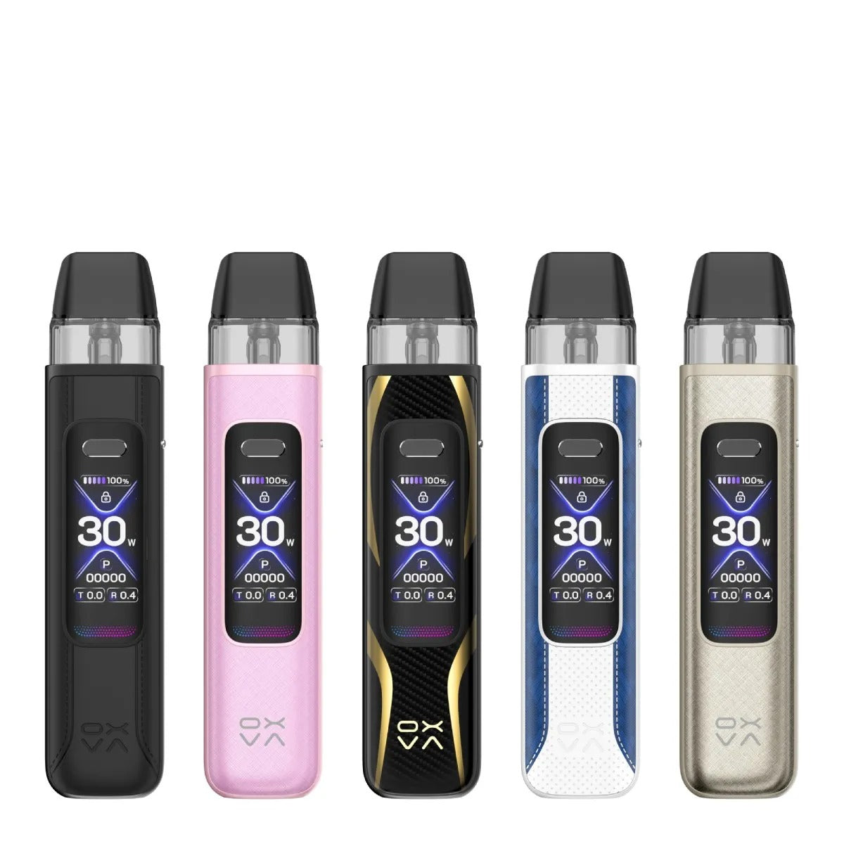 Five OXVA vaping devices in different colors on a white background