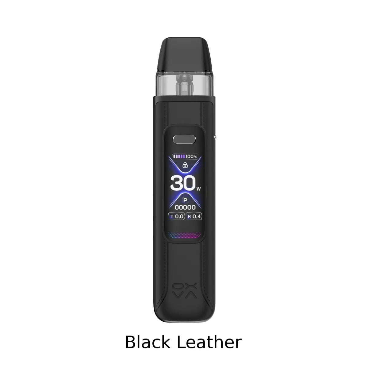 OXVA black leather vape device with digital display on a white background