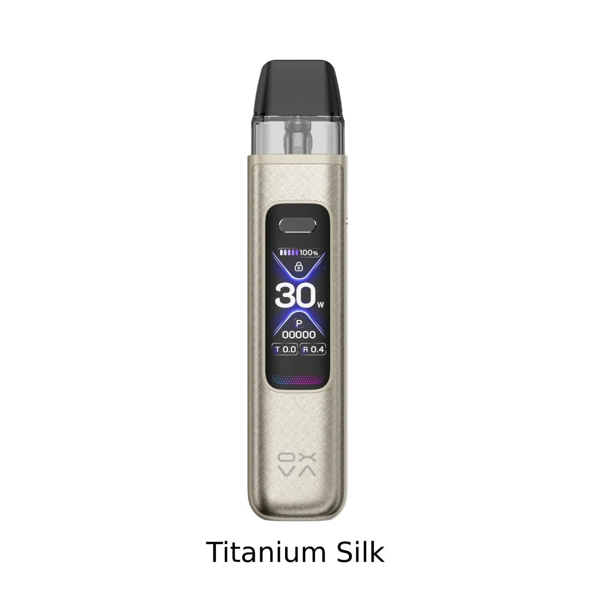 Vaping device with digital display on a white background, labeled 'Titanium Silk'.