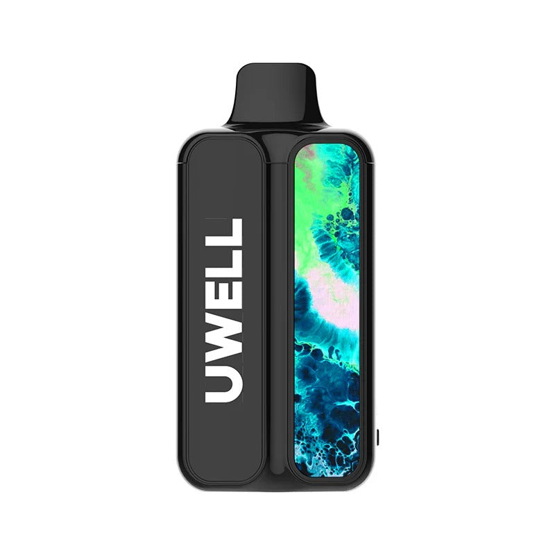 Uwell vaping device with a colorful display on a white background