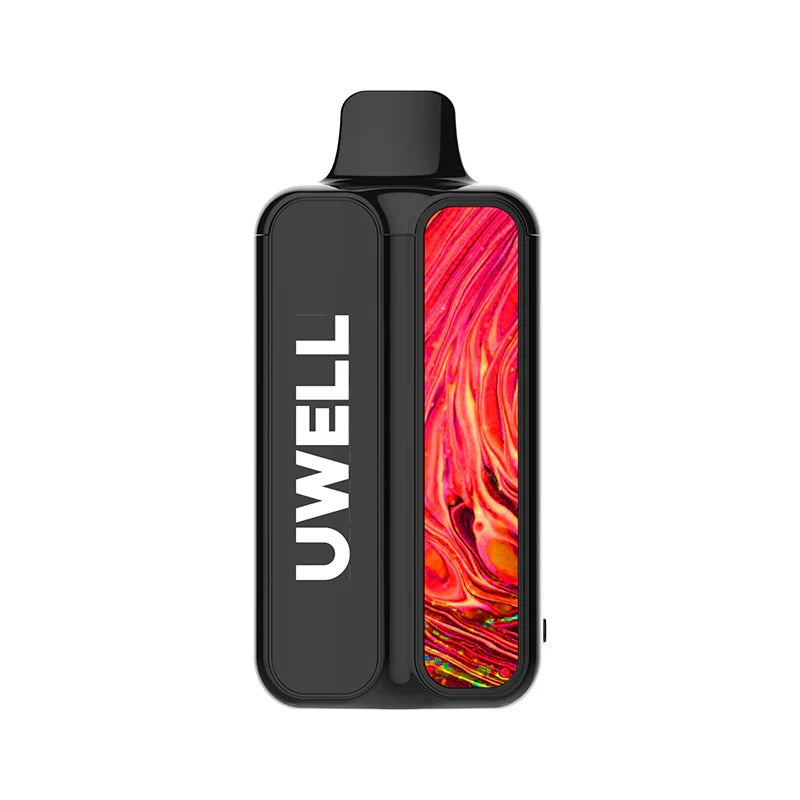 Uwell vaping device with colorful display on a white background