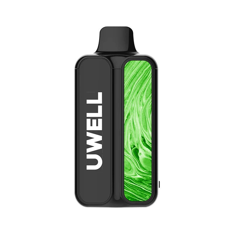 Uwell vaping device with green marbled design on a white background