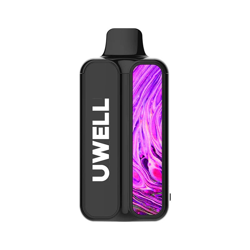 Uwell vaping device with a colorful display on a white background