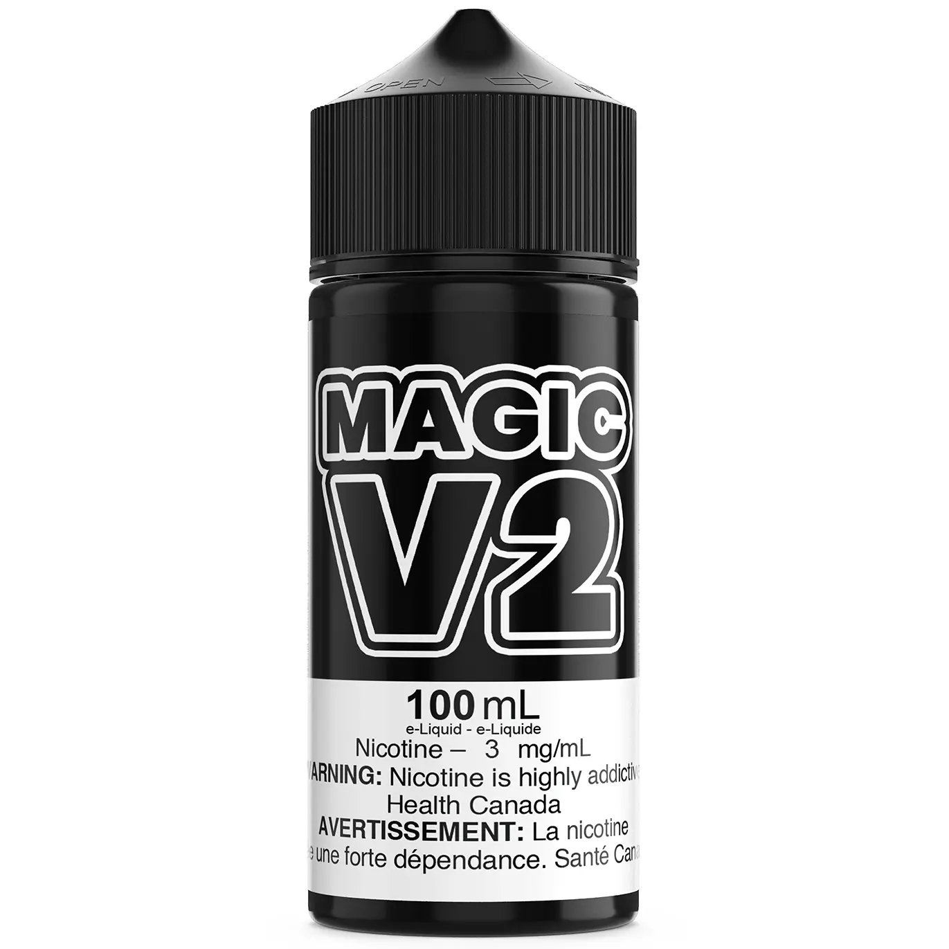 MAGIC V2 e-liquid bottle with black cap and label on a white background