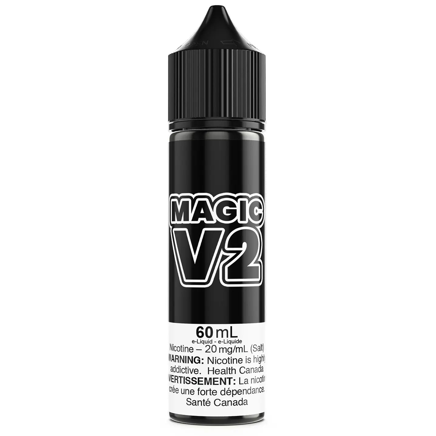 Black and white vape juice bottle labeled 'MAGIC V2' on a white background