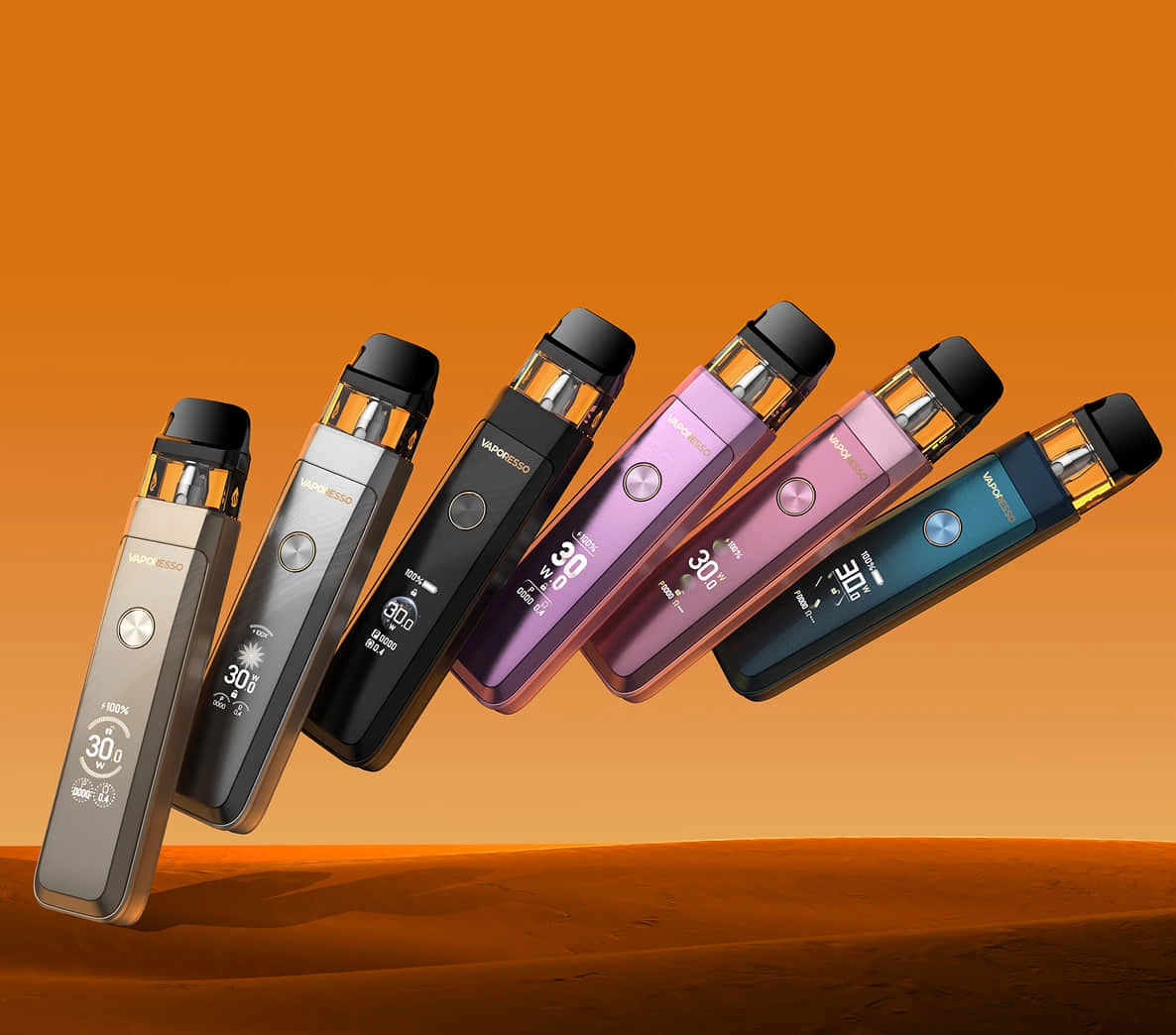 Multiple XROS PRO 2 vape devices in various colors on an orange background