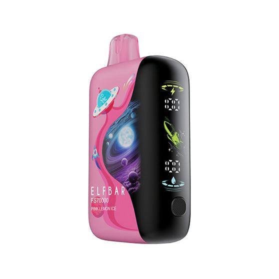 Pink and black vape device with space-themed design on a white background