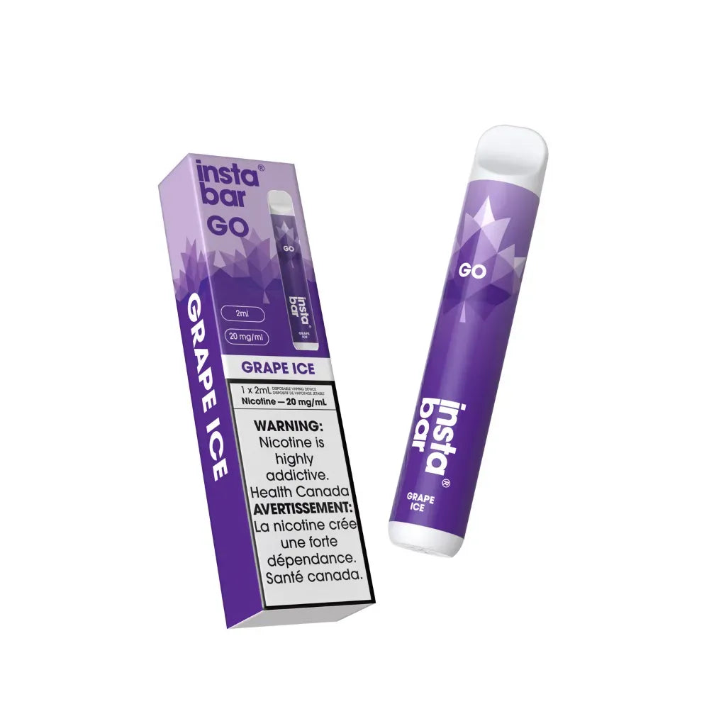 Purple vape pen with 'insta bar GO' branding and grape ice flavor on a white background