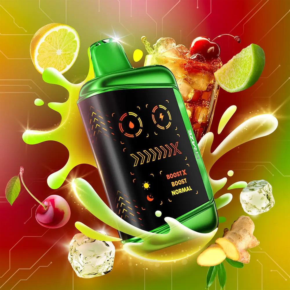 Green vape device with digital display surrounded by colorful elements like lime, cherry, and ice cubes on a vibrant background.