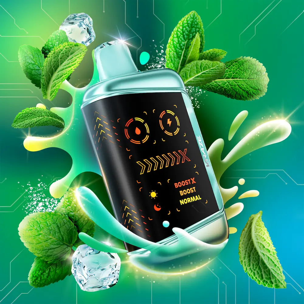 Vape device with digital display surrounded by mint leaves and ice cubes on a green background