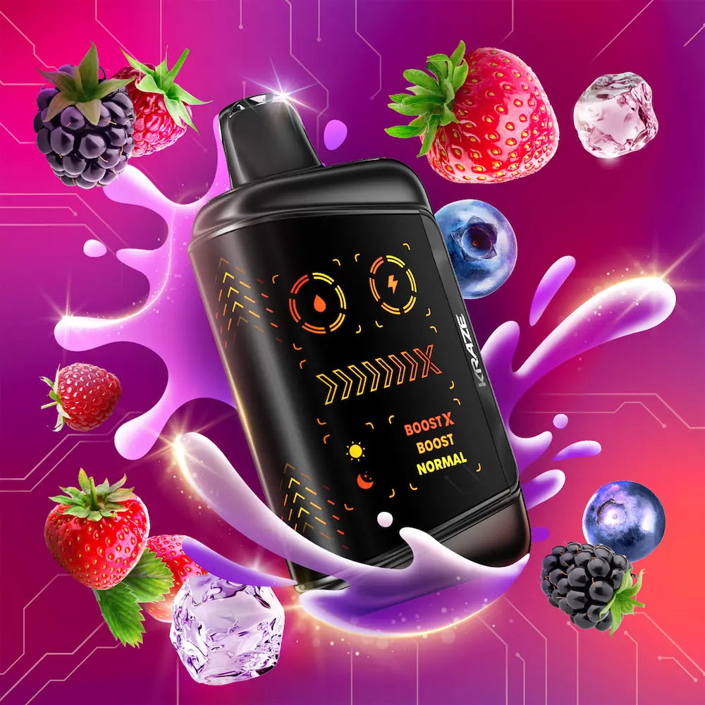 Black electronic device with fruit and gemstone graphics on a vibrant background