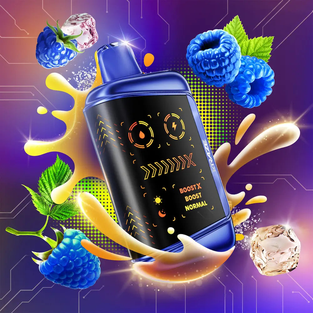 Blue electronic device with digital display surrounded by blueberries, leaves, and abstract elements on a vibrant background