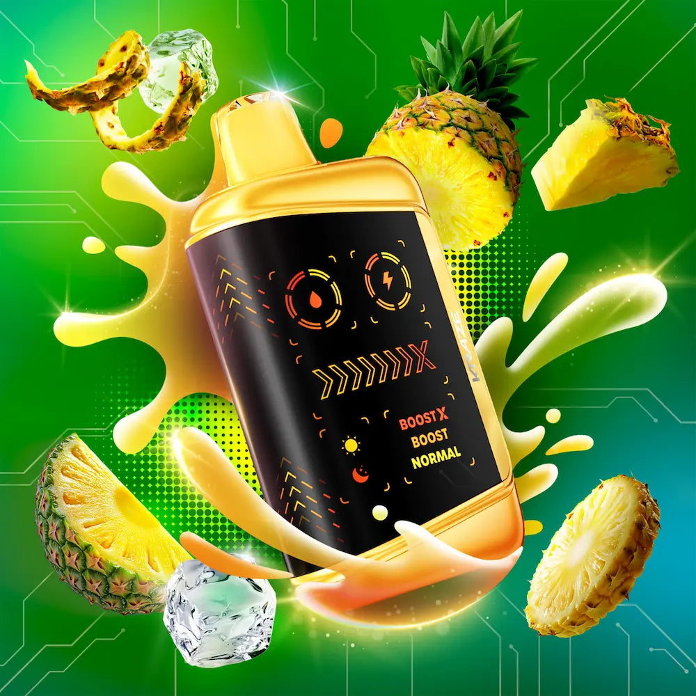 Vape device with pineapple slices and liquid splashes on a green background