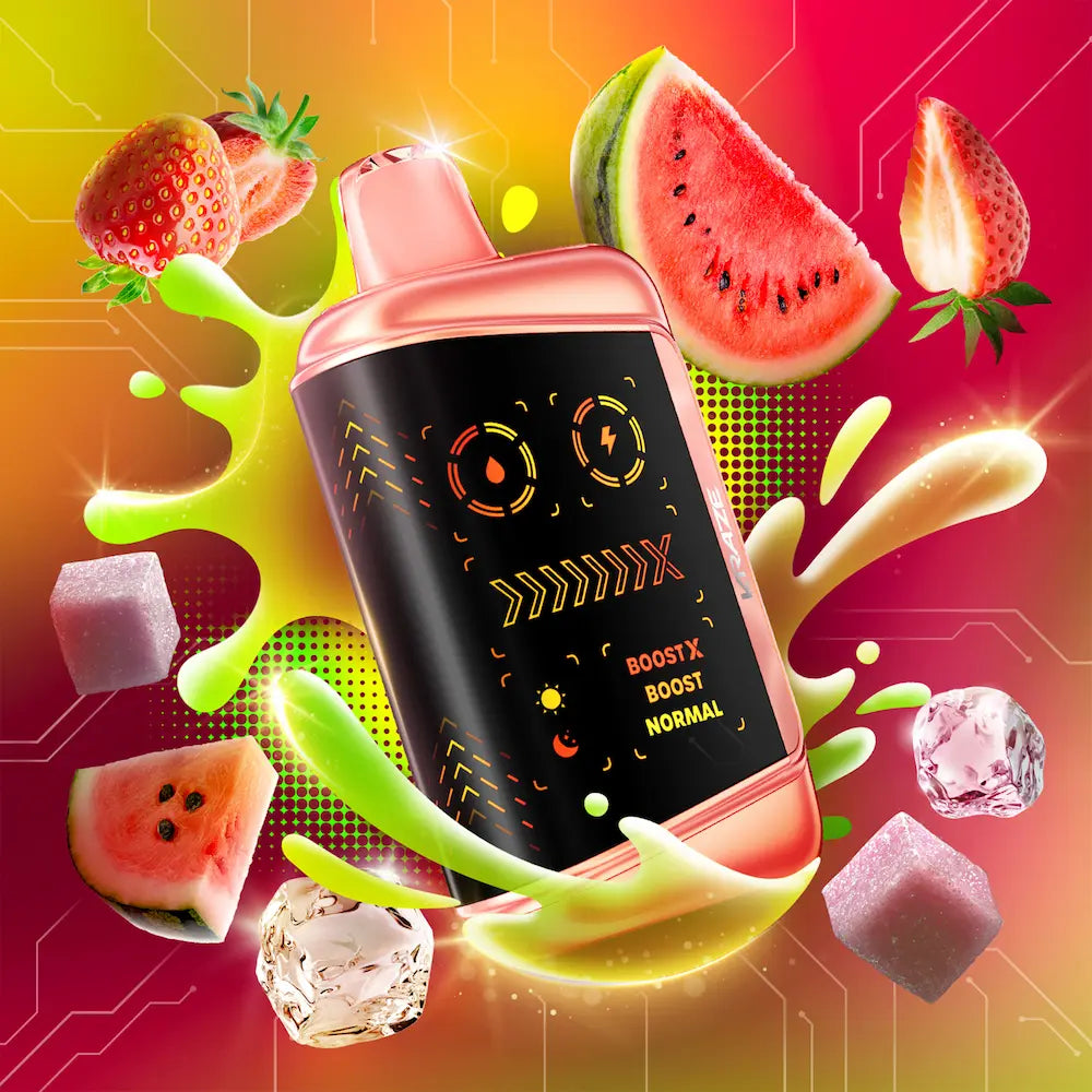 Vape device with digital display surrounded by watermelon, strawberries, and candy on a colorful background