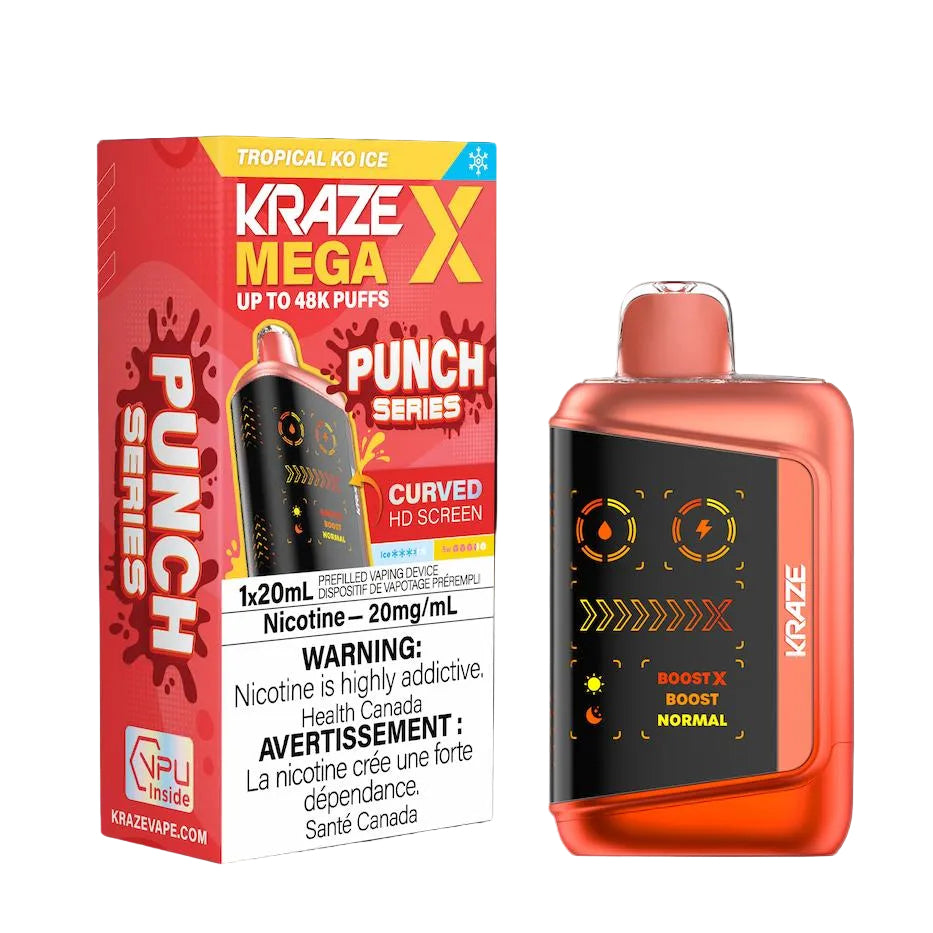 Kraze vape device and packaging on a black background