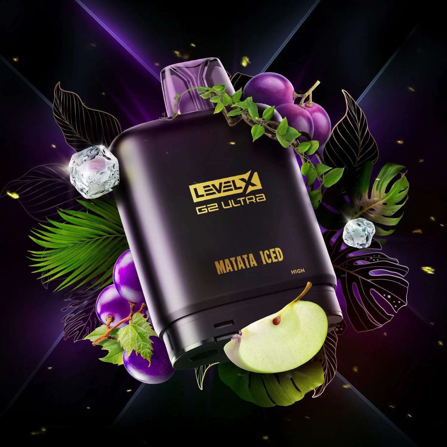 Vape device with 'LEVELX' branding surrounded by purple grapes, green leaves, and a sliced apple on a dark background.