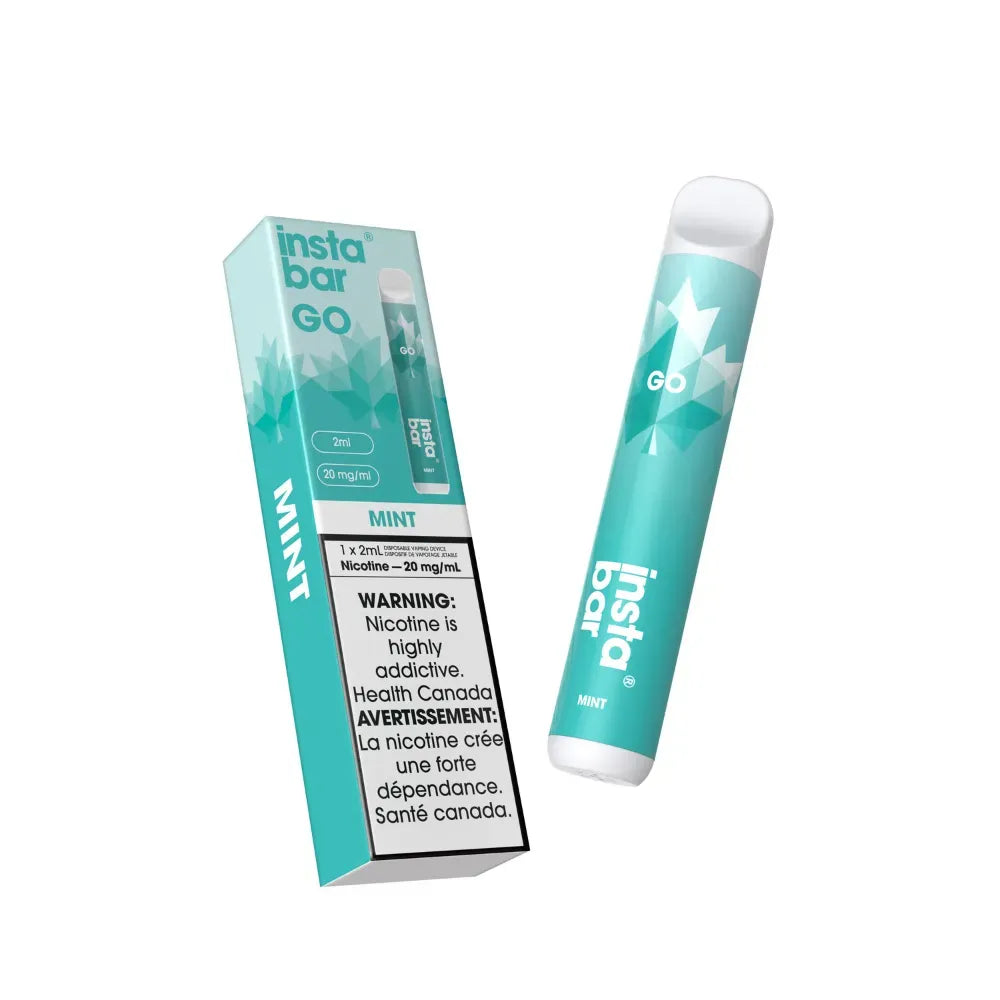 Insta Bar GO mint vape pen and packaging on a white background