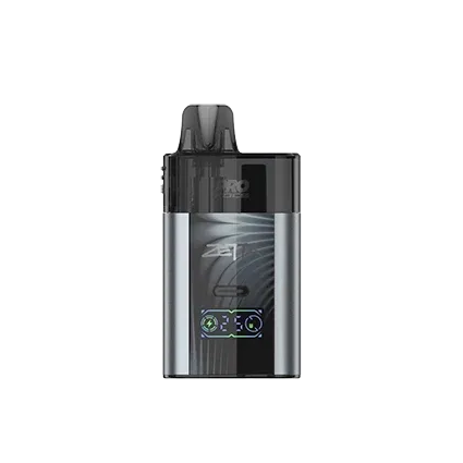 Black and silver vaping device on a white background