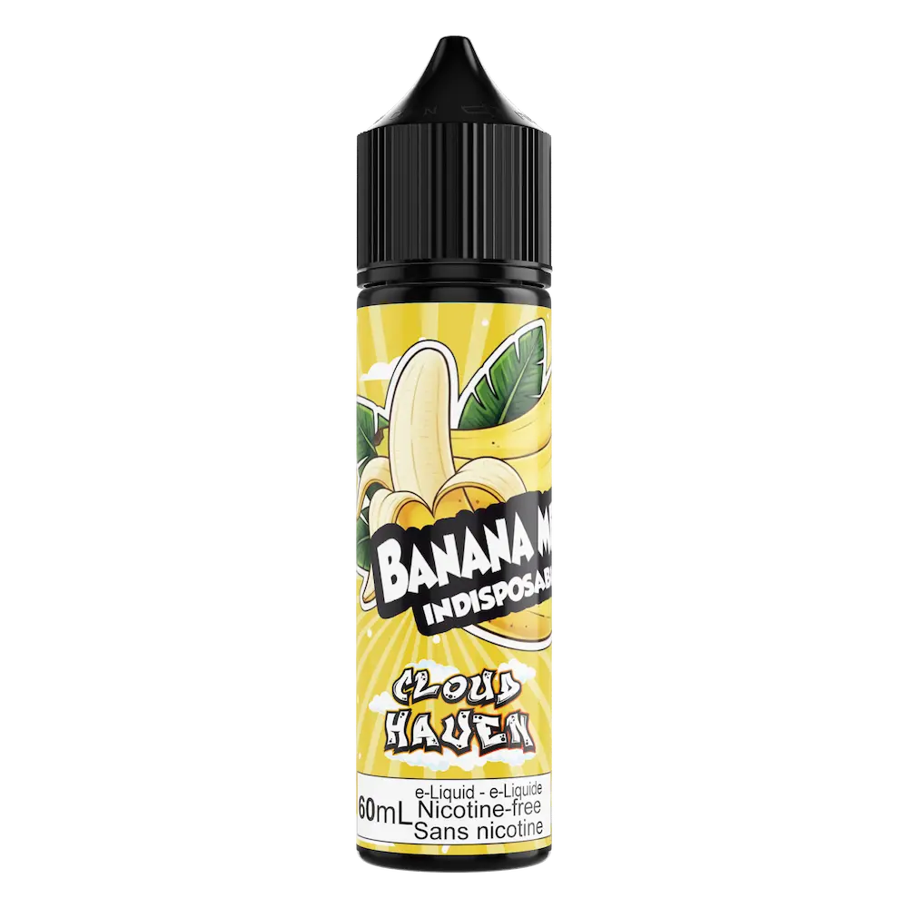 Banana-flavored e-liquid bottle with a yellow label on a white background