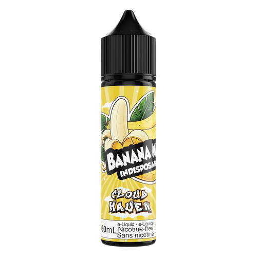 Banana-flavored e-liquid bottle with a yellow label on a white background