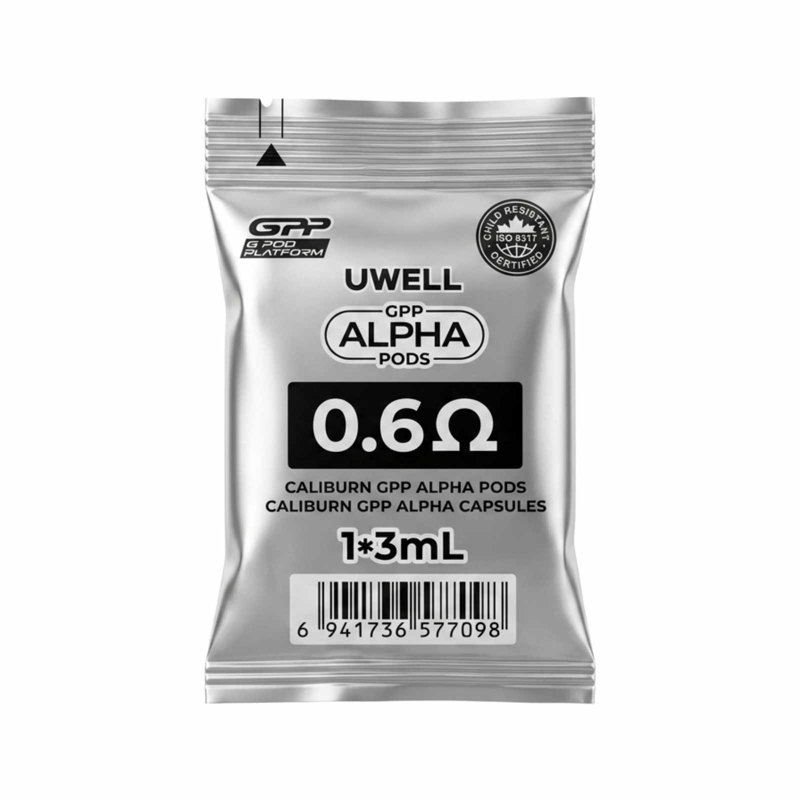 UWELL Caliburn GPP Alpha vape pod packaging on a white background