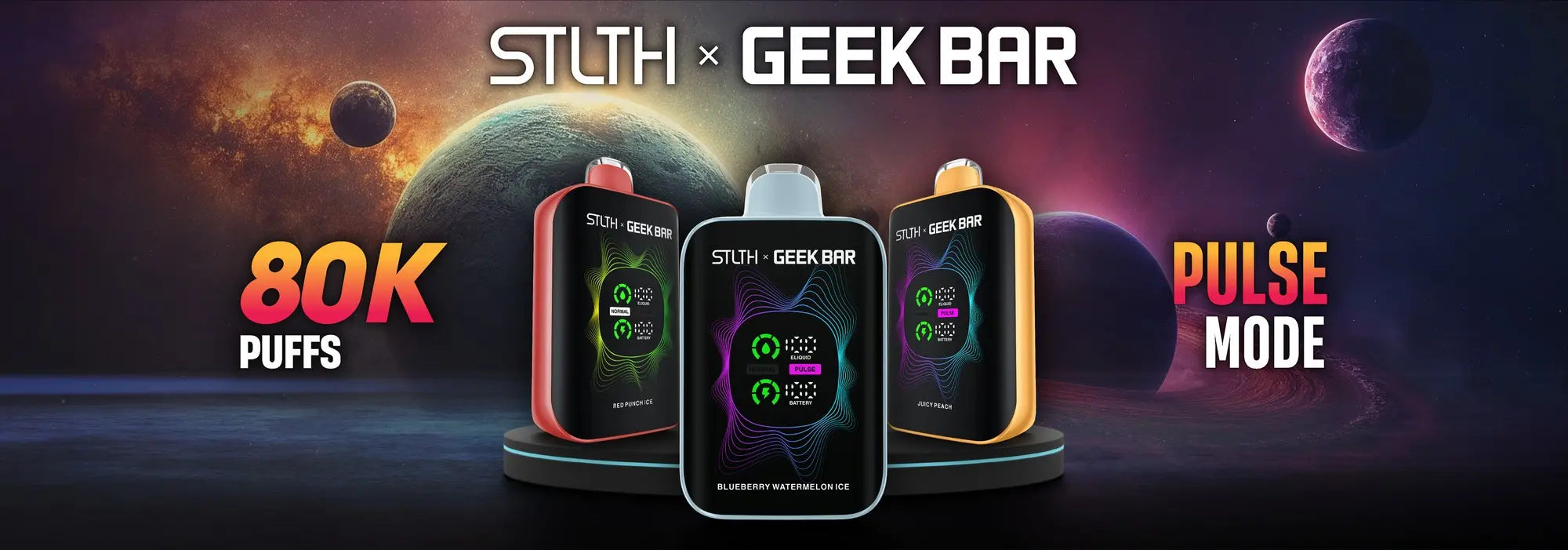 Promotional banner for STLTH x Geek Bar vape devices with space-themed background